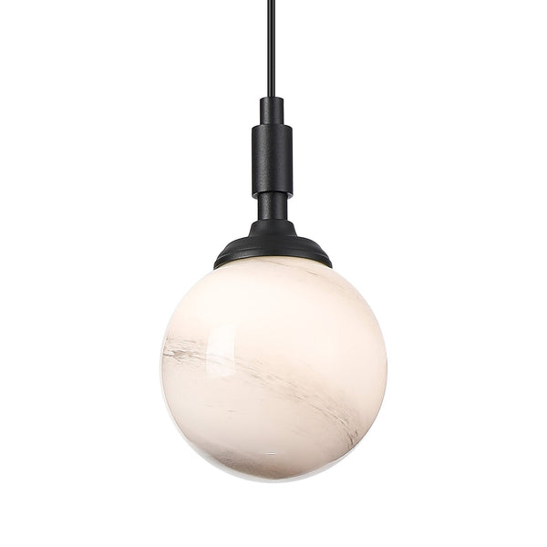 Loughton IP44 Single Drop Pendant in Satin Black with Round Glass Grey & White Marble Effect Diffuser