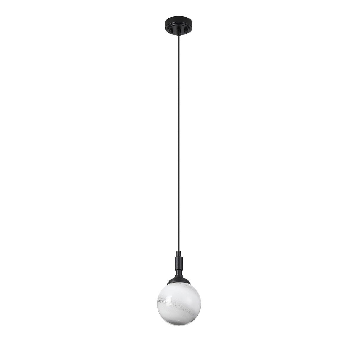 Loughton IP44 Single Drop Pendant in Satin Black with Round Glass Grey & White Marble Effect Diffuser