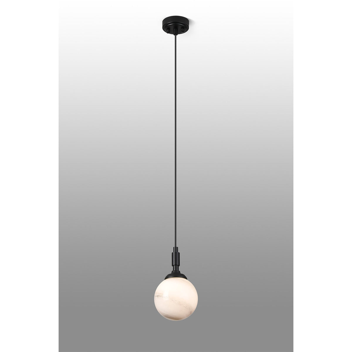 Loughton IP44 Single Drop Pendant in Satin Black with Round Glass Grey & White Marble Effect Diffuser