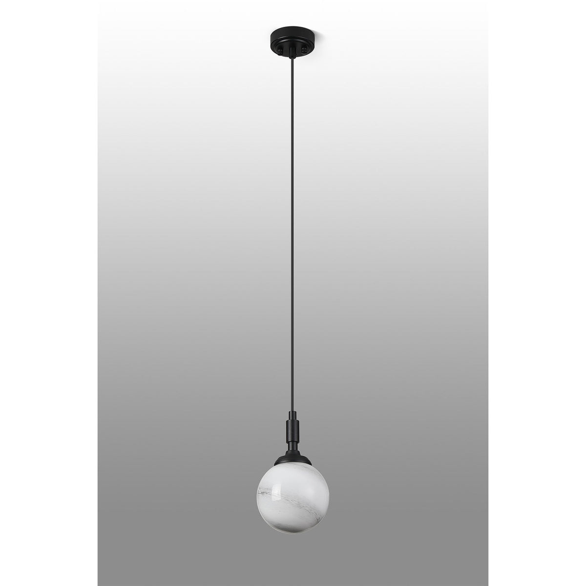 Loughton IP44 Single Drop Pendant in Satin Black with Round Glass Grey & White Marble Effect Diffuser