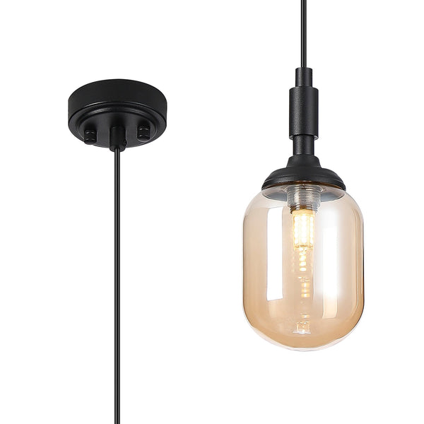 Loughton IP44 Single Drop Pendant in Satin Black with Smooth Tubular Glass Amber Diffuser