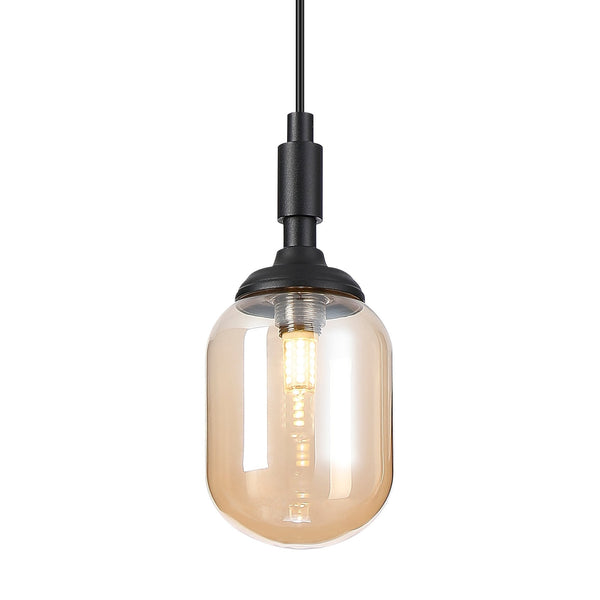 Loughton IP44 Single Drop Pendant in Satin Black with Smooth Tubular Glass Amber Diffuser