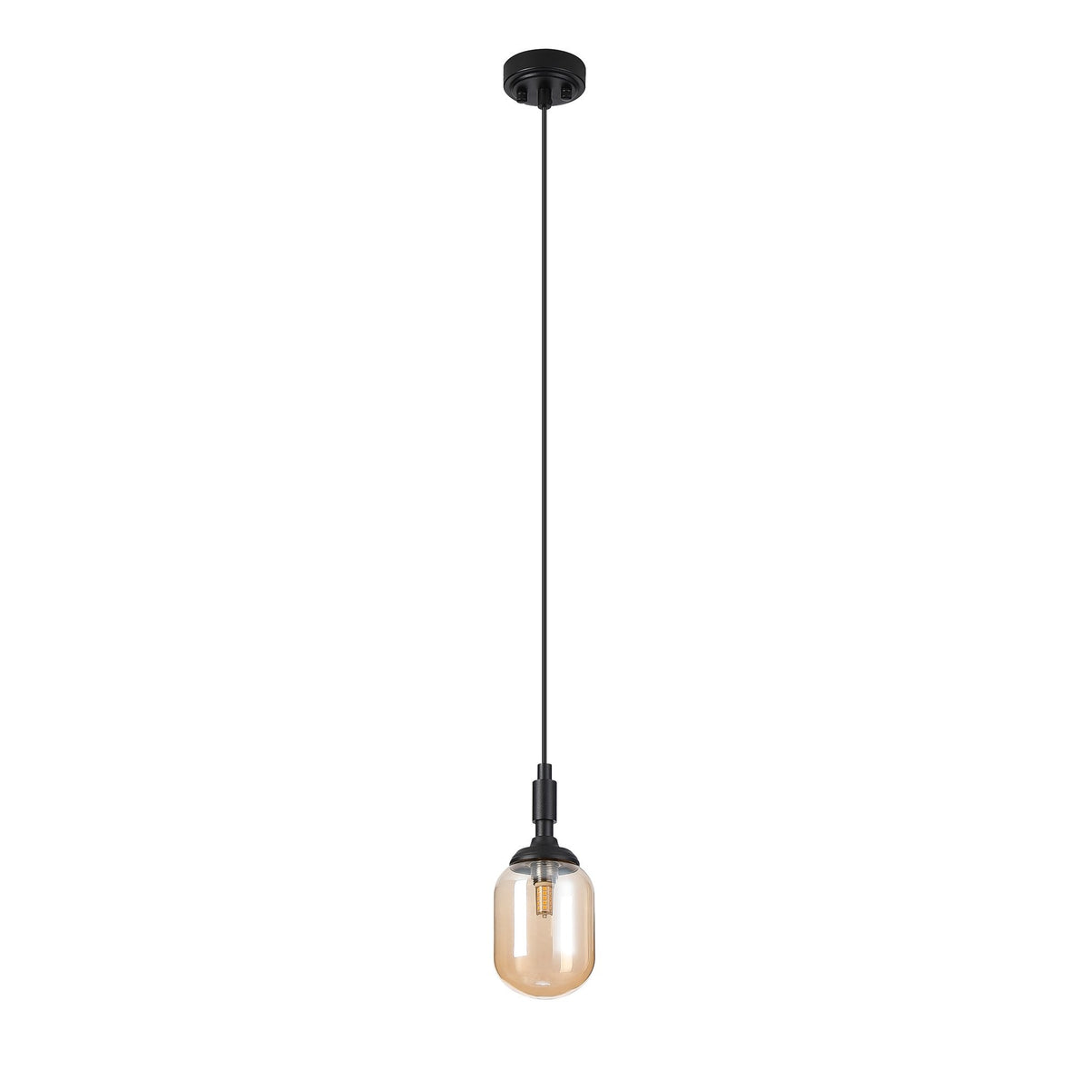 Loughton IP44 Single Drop Pendant in Satin Black with Smooth Tubular Glass Amber Diffuser