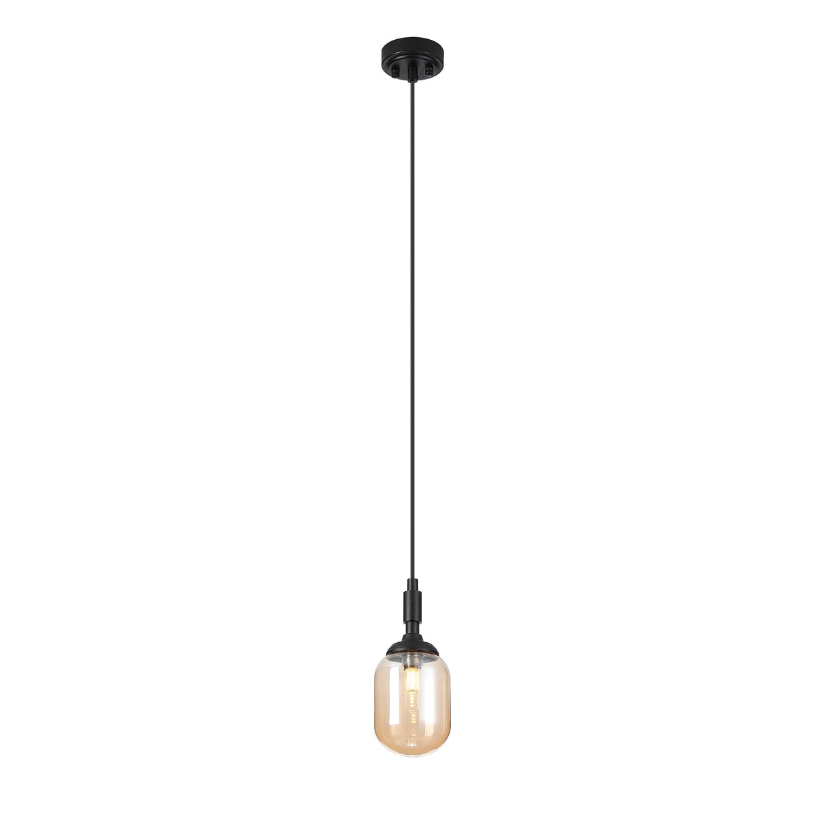 Loughton IP44 Single Drop Pendant in Satin Black with Smooth Tubular Glass Amber Diffuser