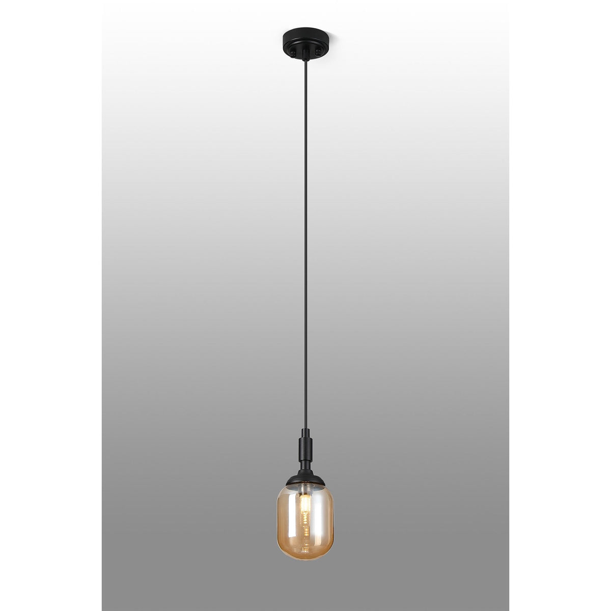 Loughton IP44 Single Drop Pendant in Satin Black with Smooth Tubular Glass Amber Diffuser