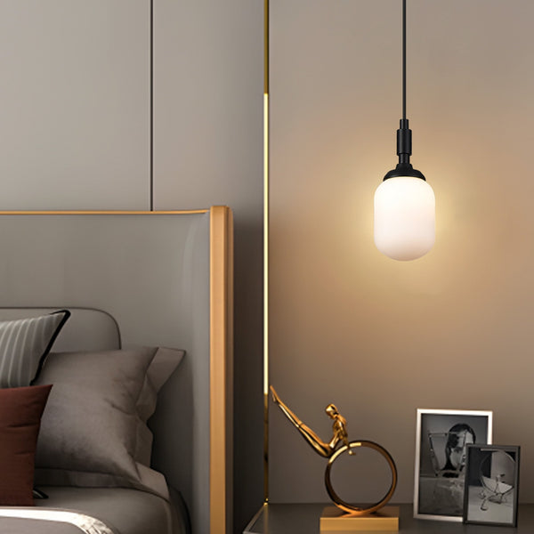 Loughton IP44 Single Drop Pendant in Satin Black with Smooth Tubular Glass Opal Diffuser
