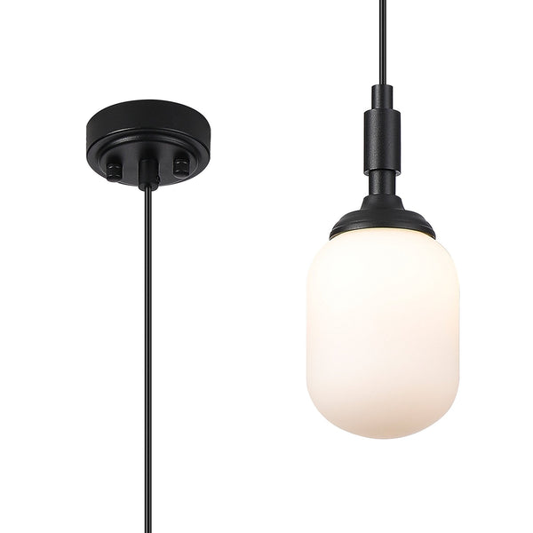 Loughton IP44 Single Drop Pendant in Satin Black with Smooth Tubular Glass Opal Diffuser
