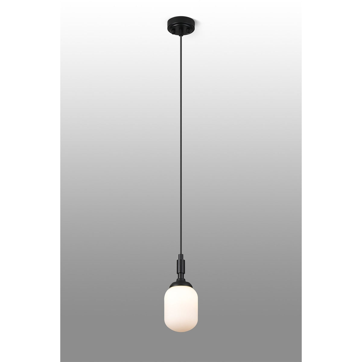 Loughton IP44 Single Drop Pendant in Satin Black with Smooth Tubular Glass Opal Diffuser