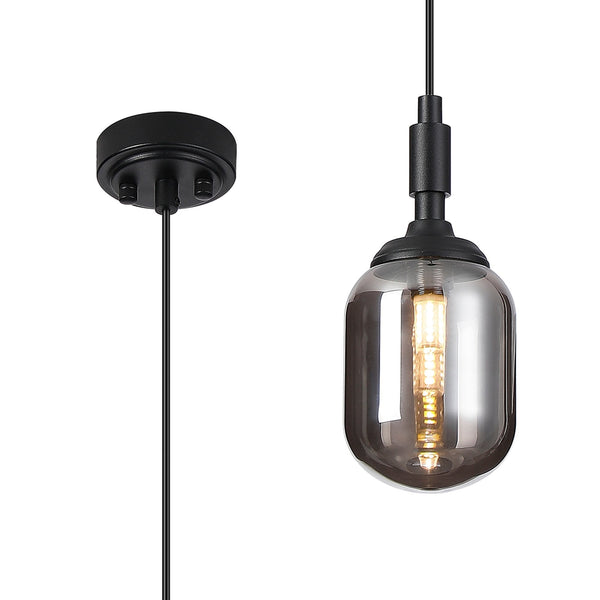Loughton IP44 Single Drop Pendant in Satin Black with Smooth Tubular Glass Smoked Diffuser