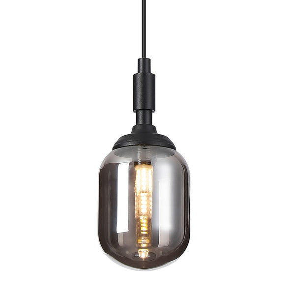 Loughton IP44 Single Drop Pendant in Satin Black with Smooth Tubular Glass Smoked Diffuser