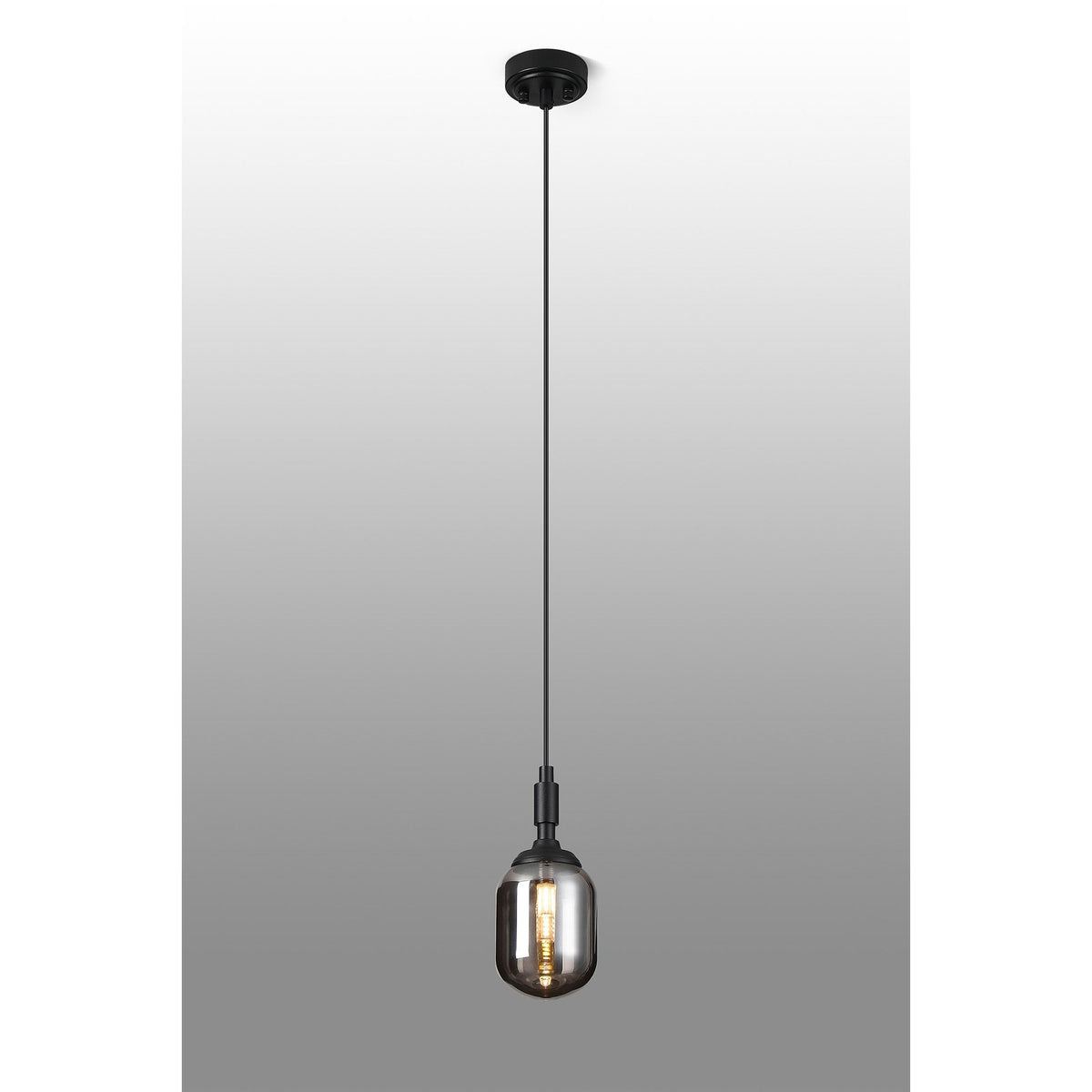 Loughton IP44 Single Drop Pendant in Satin Black with Smooth Tubular Glass Smoked Diffuser