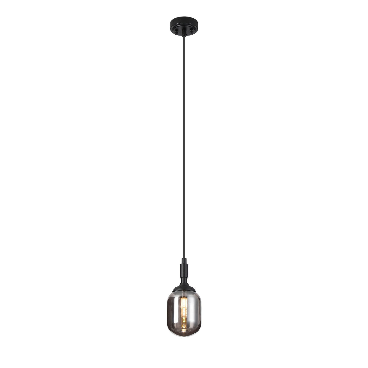 Loughton IP44 Single Drop Pendant in Satin Black with Smooth Tubular Glass Smoked Diffuser