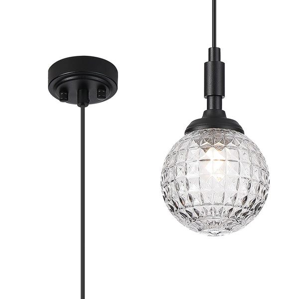 Loughton IP44 Single Drop Pendant in Satin Black with Cross Pattern Round Glass Clear Diffuser