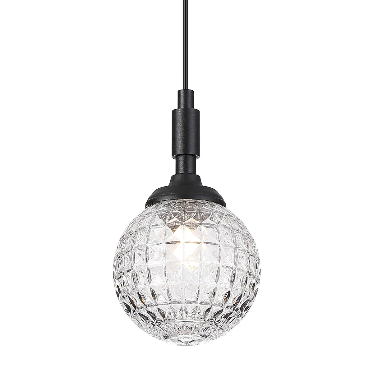 Loughton IP44 Single Drop Pendant in Satin Black with Cross Pattern Round Glass Clear Diffuser