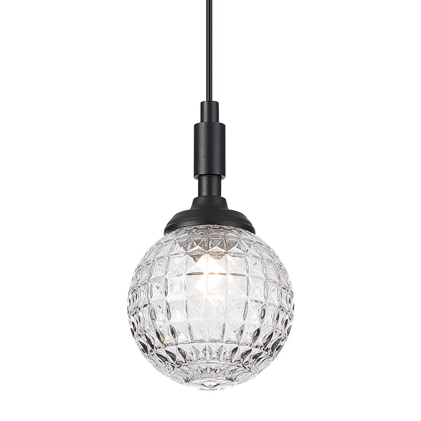 Loughton IP44 Single Drop Pendant in Satin Black with Cross Pattern Round Glass Clear Diffuser