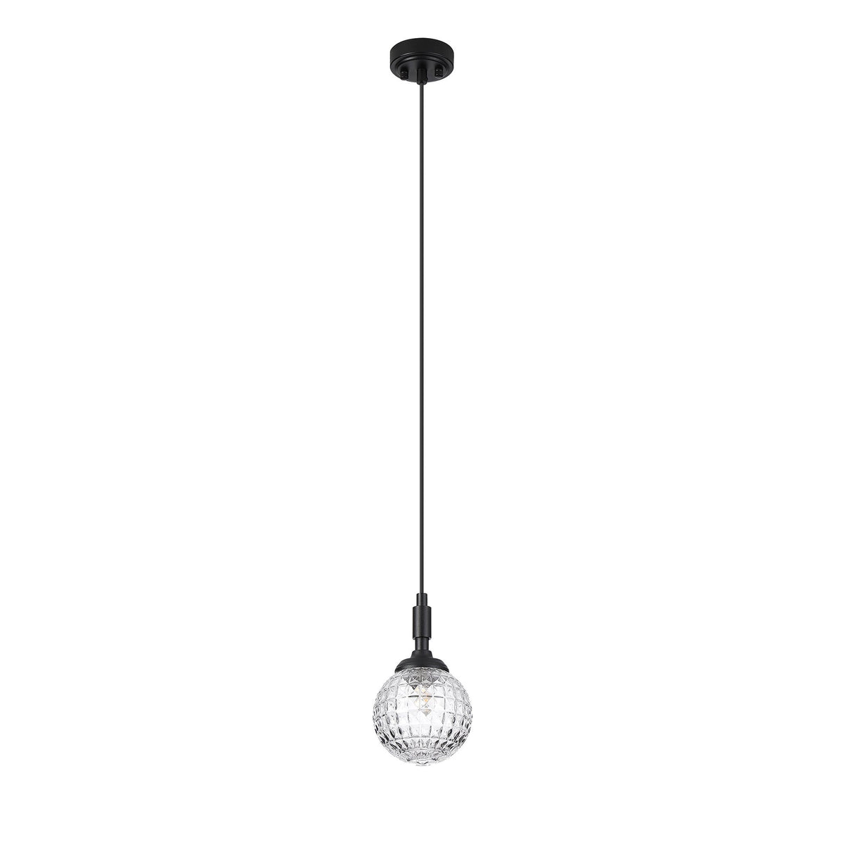 Loughton IP44 Single Drop Pendant in Satin Black with Cross Pattern Round Glass Clear Diffuser