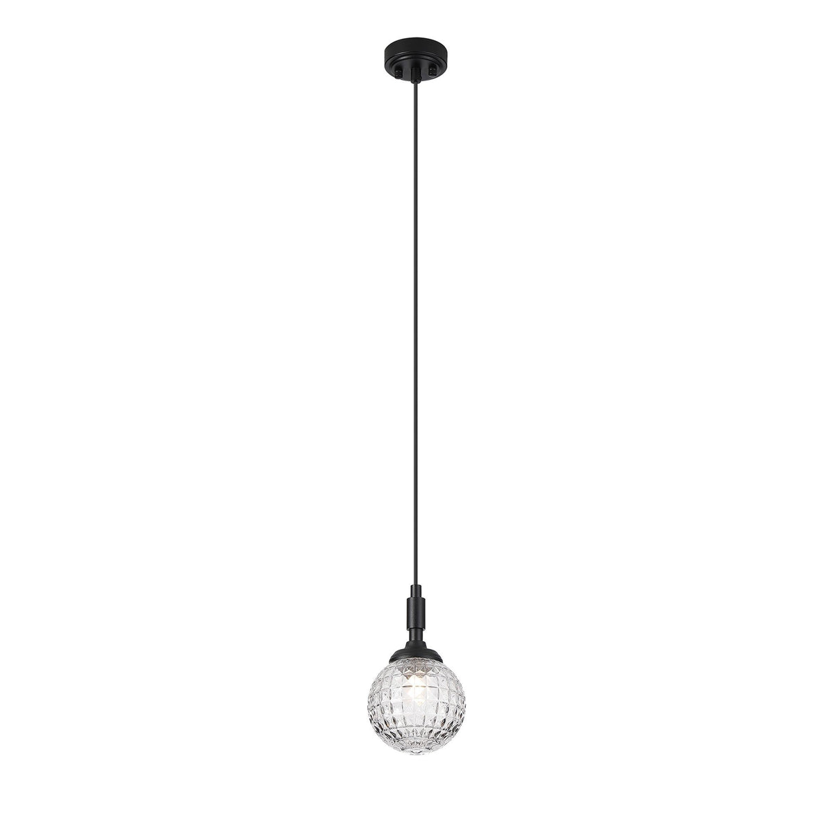 Loughton IP44 Single Drop Pendant in Satin Black with Cross Pattern Round Glass Clear Diffuser