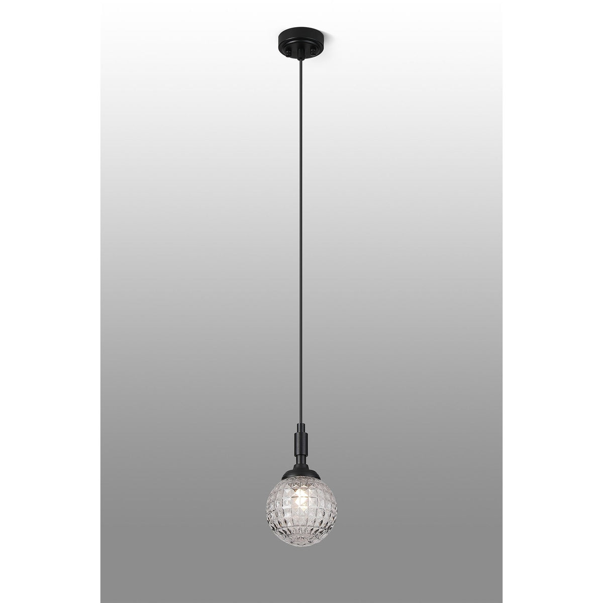 Loughton IP44 Single Drop Pendant in Satin Black with Cross Pattern Round Glass Clear Diffuser