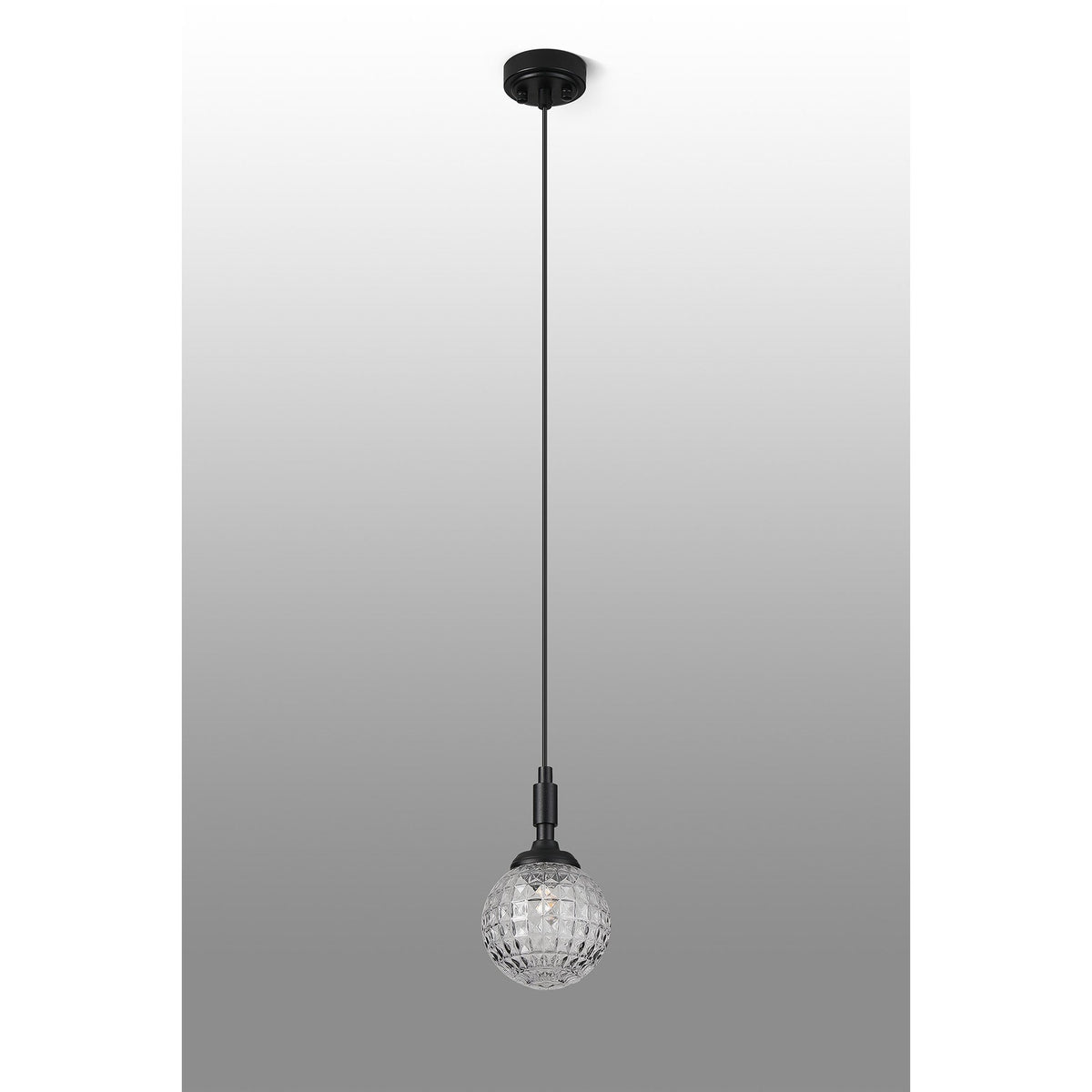 Loughton IP44 Single Drop Pendant in Satin Black with Cross Pattern Round Glass Clear Diffuser