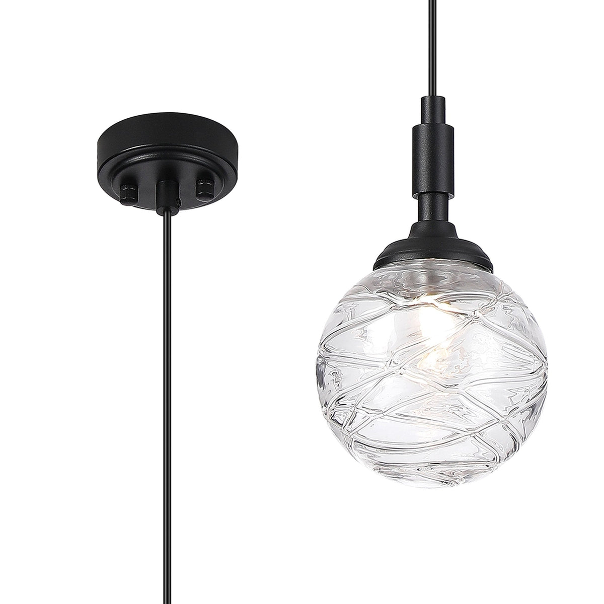 Loughton IP44 Single Drop Pendant in Satin Black with Dune Effect Round Glass Clear Diffuser
