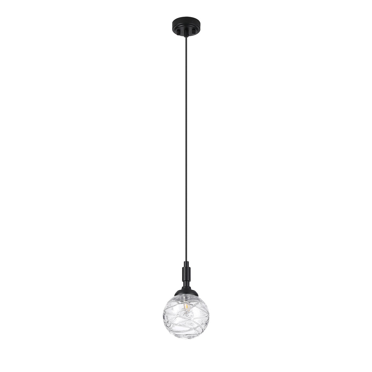 Loughton IP44 Single Drop Pendant in Satin Black with Dune Effect Round Glass Clear Diffuser