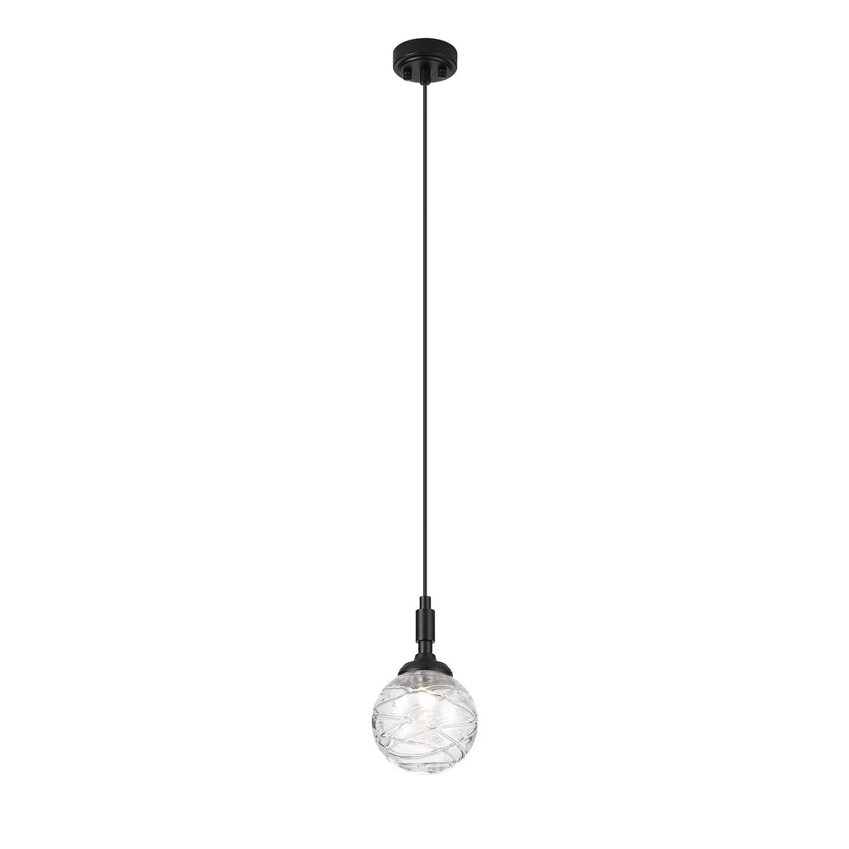 Loughton IP44 Single Drop Pendant in Satin Black with Dune Effect Round Glass Clear Diffuser
