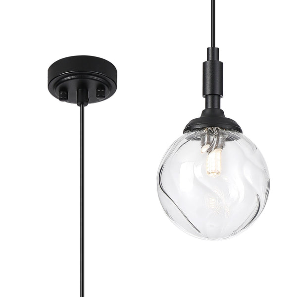Loughton IP44 Single Drop Pendant in Satin Black with Waved Round Glass Clear Diffuser
