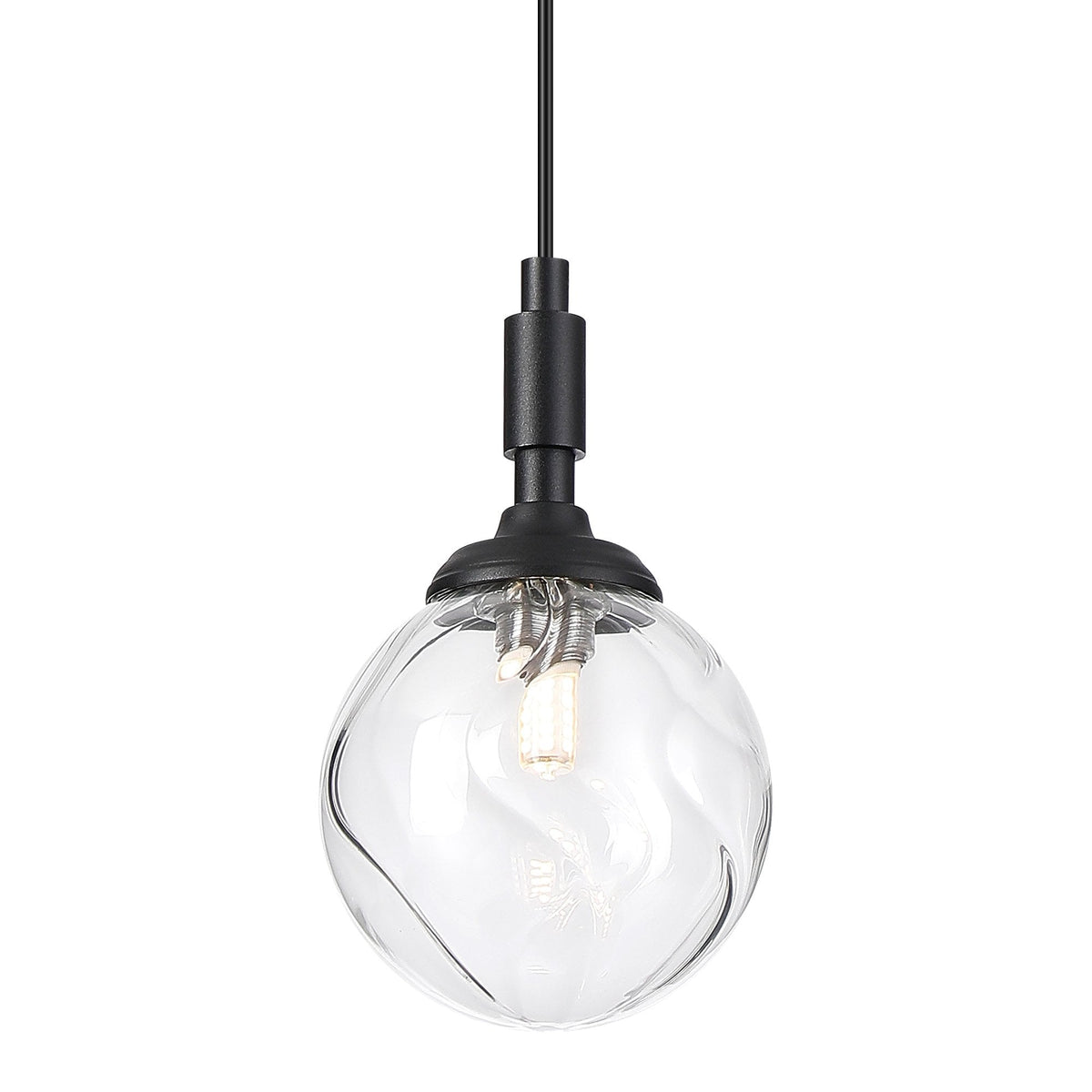 Loughton IP44 Single Drop Pendant in Satin Black with Waved Round Glass Clear Diffuser