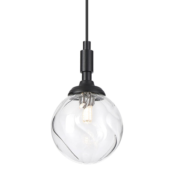 Loughton IP44 Single Drop Pendant in Satin Black with Waved Round Glass Clear Diffuser
