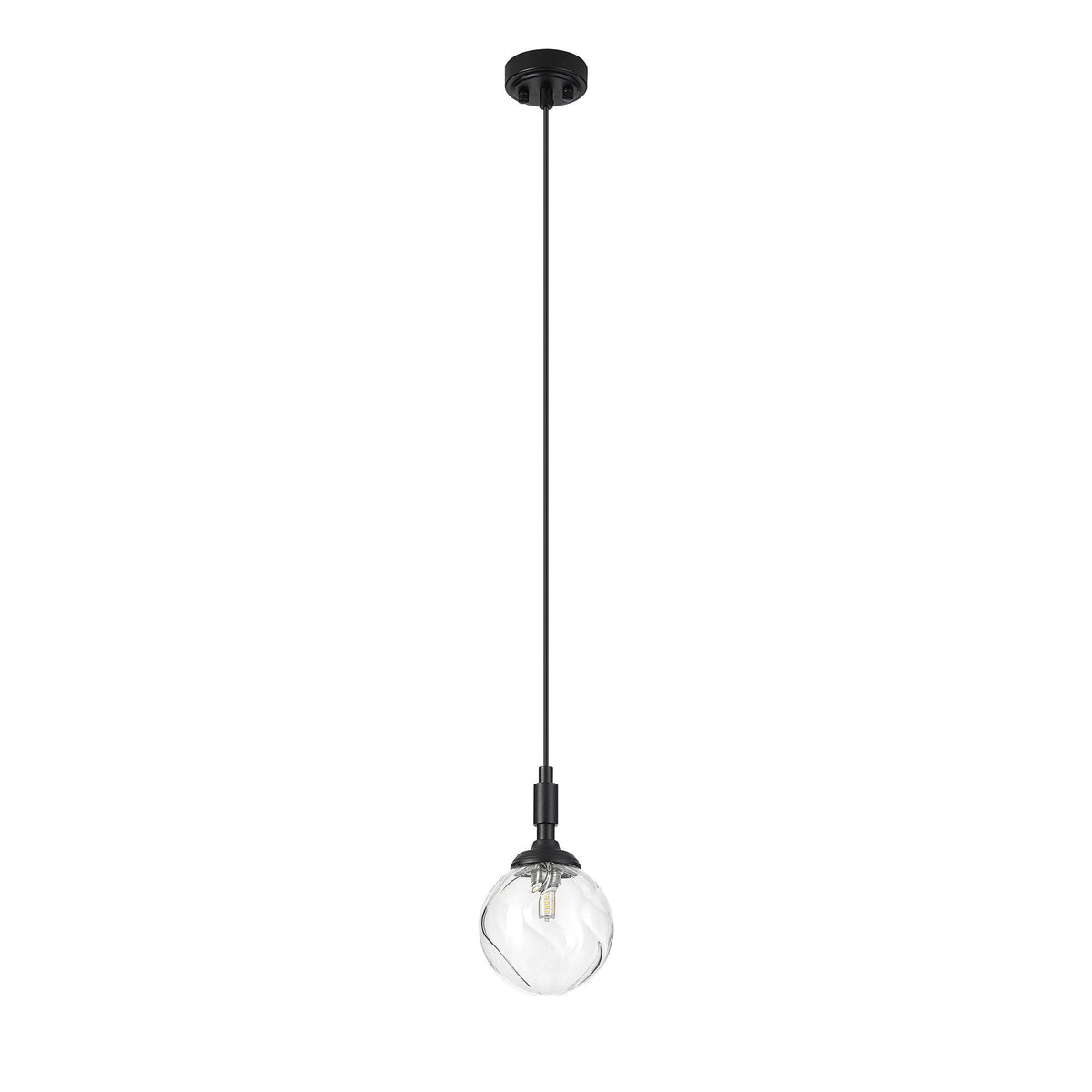 Loughton IP44 Single Drop Pendant in Satin Black with Waved Round Glass Clear Diffuser