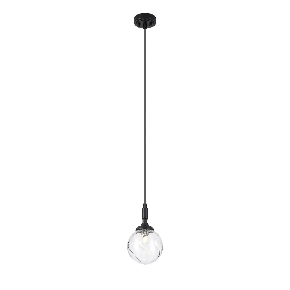 Loughton IP44 Single Drop Pendant in Satin Black with Waved Round Glass Clear Diffuser