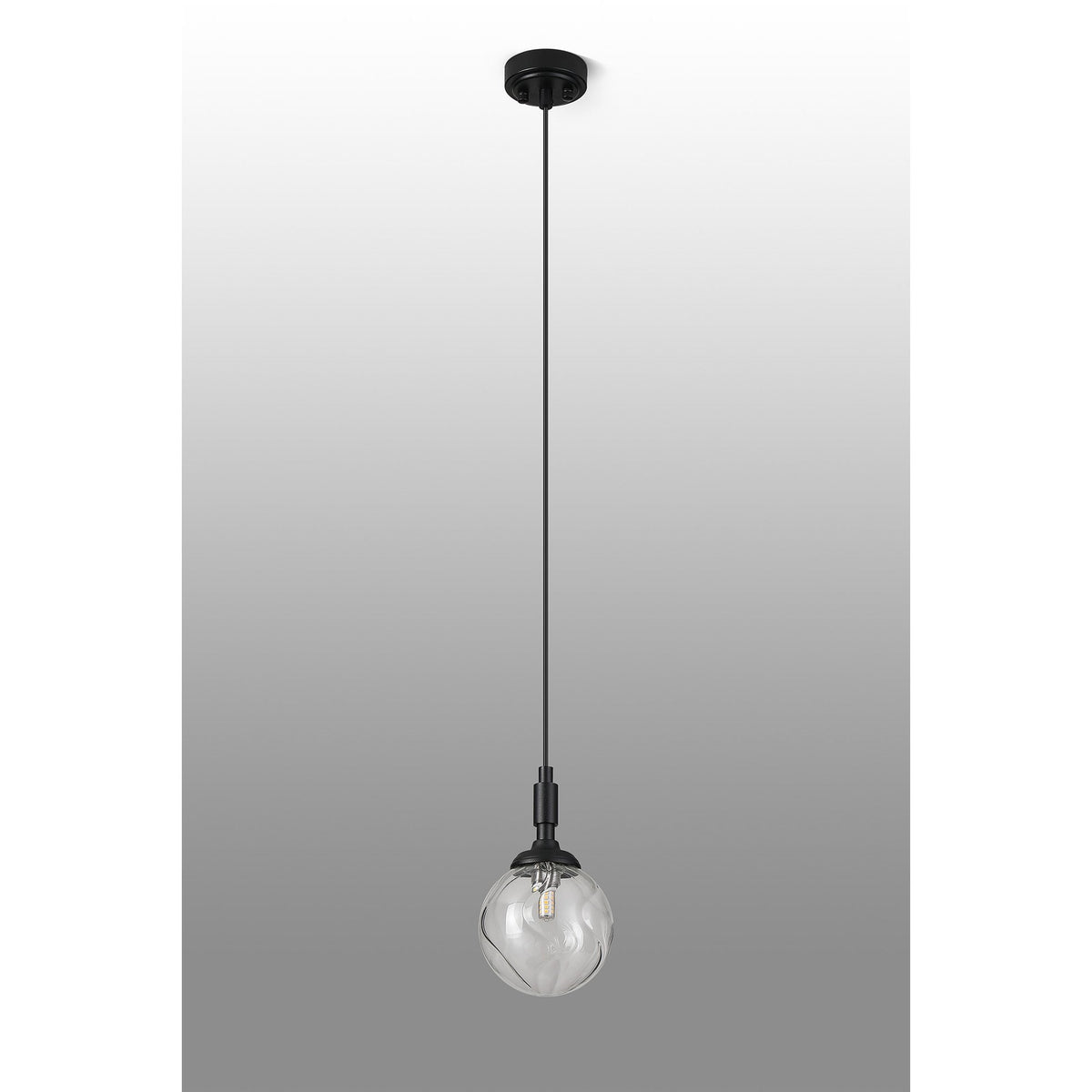 Loughton IP44 Single Drop Pendant in Satin Black with Waved Round Glass Clear Diffuser