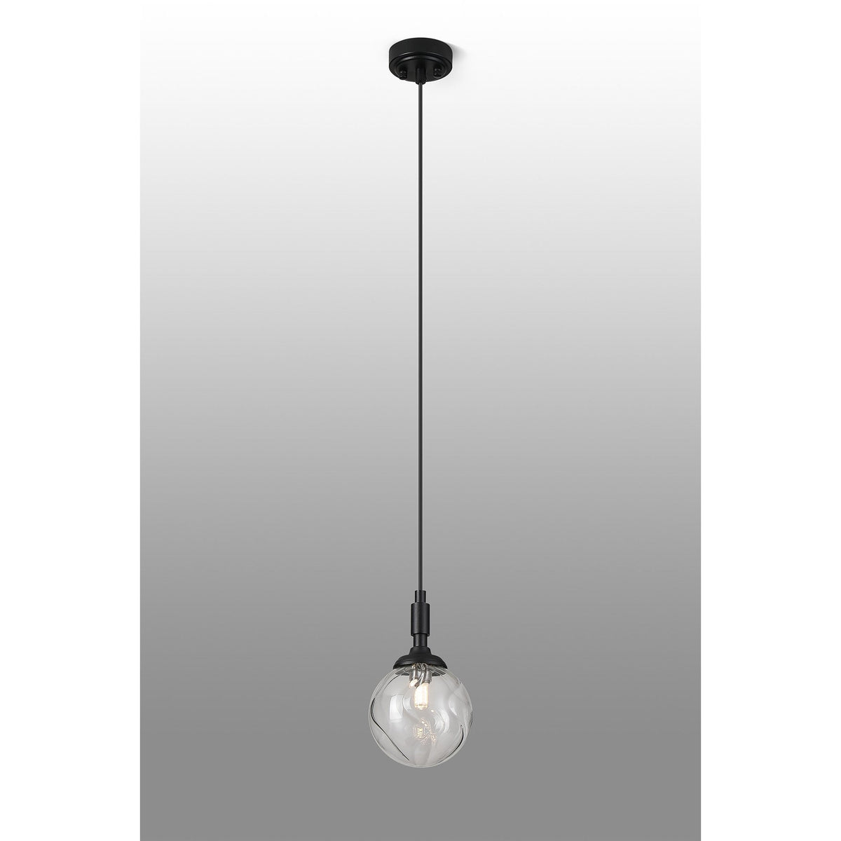 Loughton IP44 Single Drop Pendant in Satin Black with Waved Round Glass Clear Diffuser