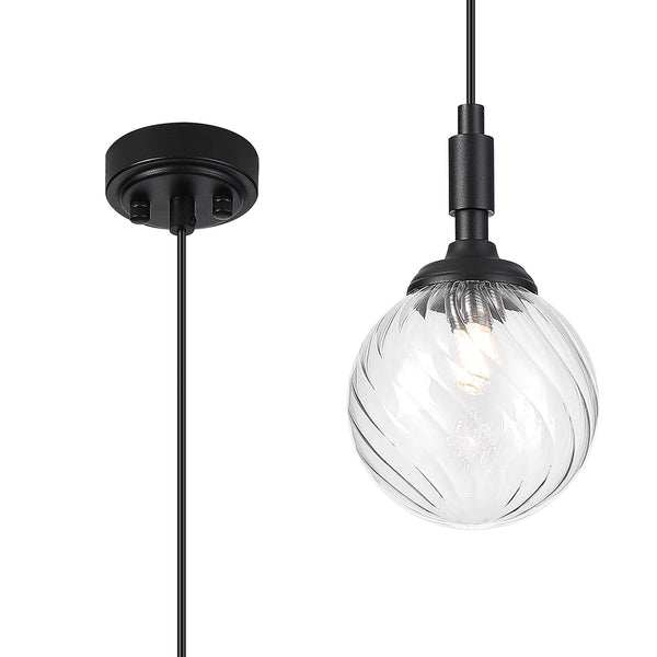 Loughton IP44 Single Drop Pendant in Satin Black with Swirl Round Glass Clear Diffuser