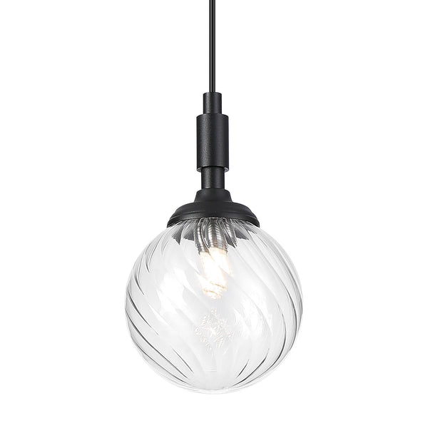 Loughton IP44 Single Drop Pendant in Satin Black with Swirl Round Glass Clear Diffuser