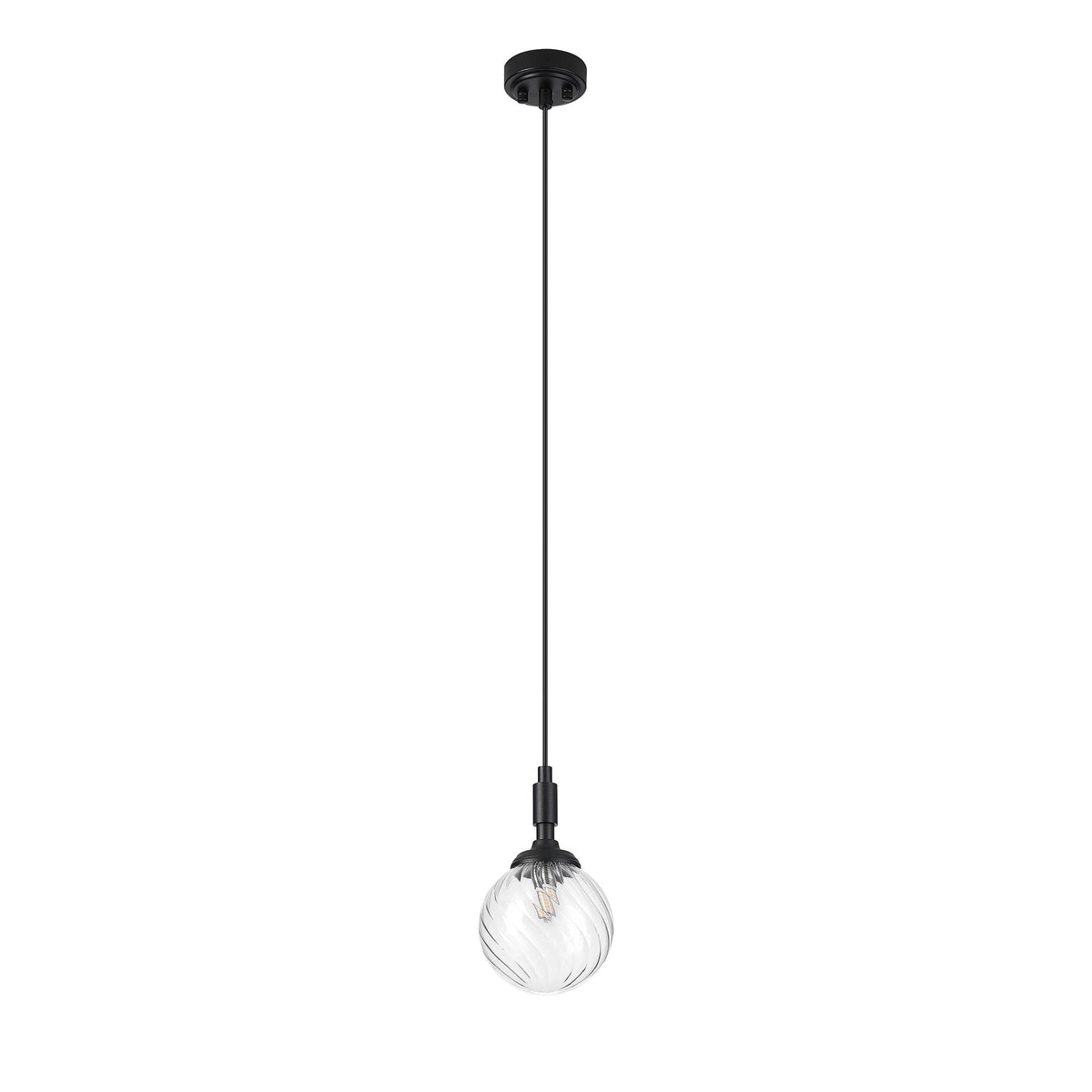 Loughton IP44 Single Drop Pendant in Satin Black with Swirl Round Glass Clear Diffuser