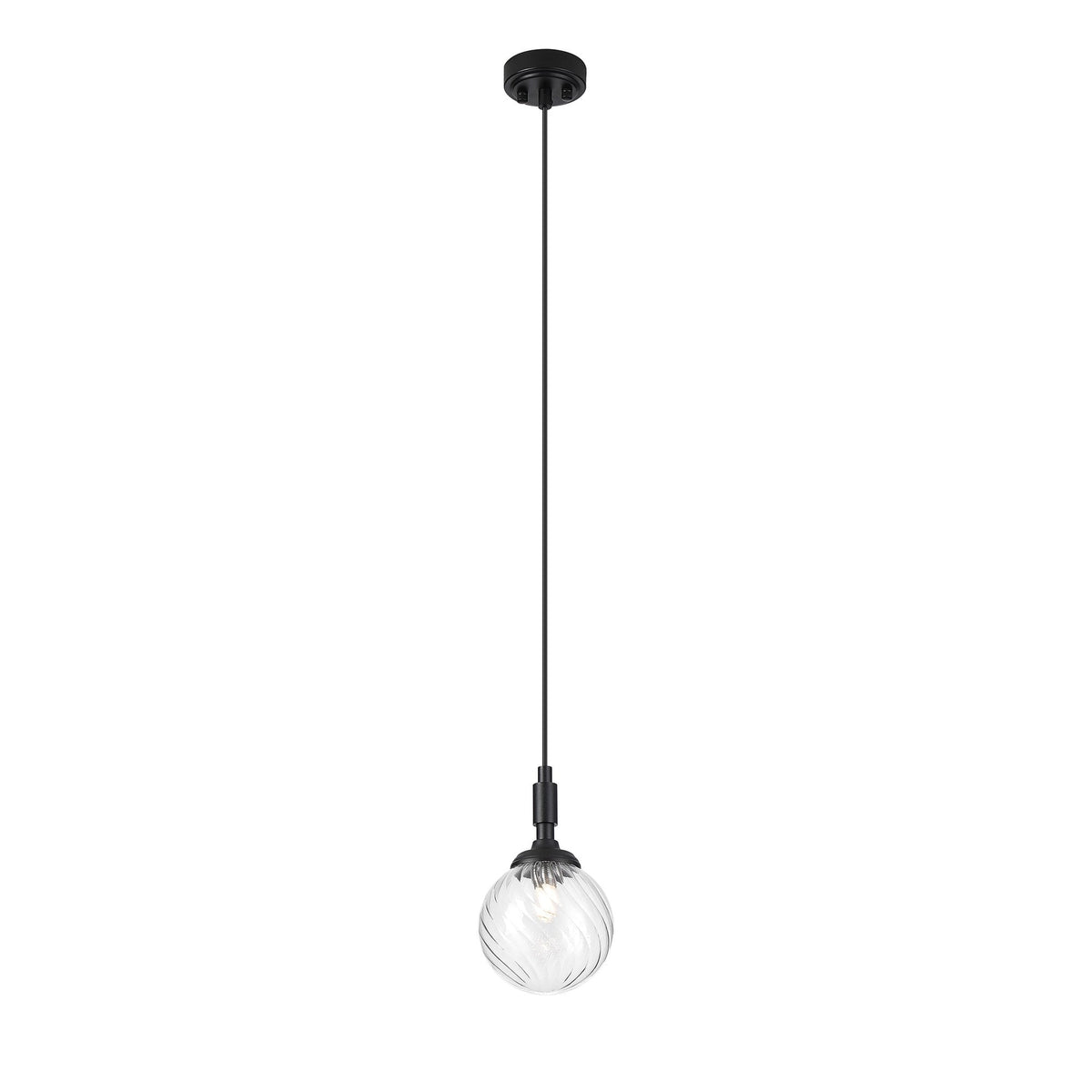 Loughton IP44 Single Drop Pendant in Satin Black with Swirl Round Glass Clear Diffuser