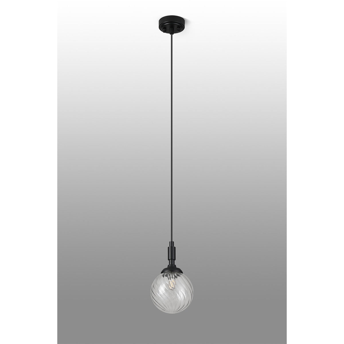 Loughton IP44 Single Drop Pendant in Satin Black with Swirl Round Glass Clear Diffuser