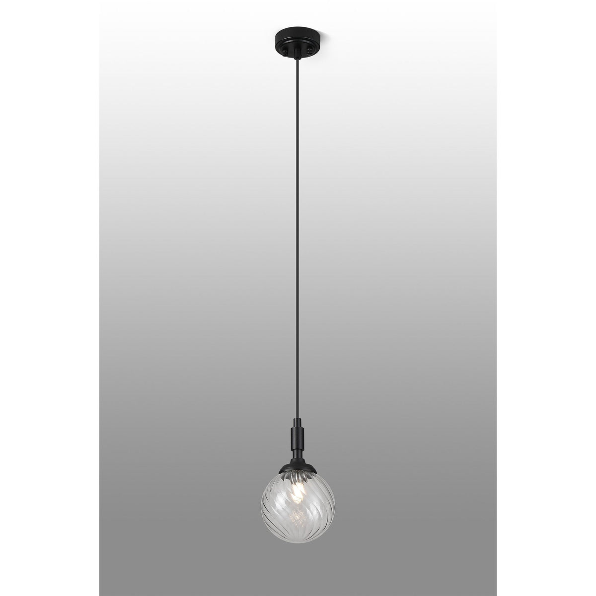 Loughton IP44 Single Drop Pendant in Satin Black with Swirl Round Glass Clear Diffuser