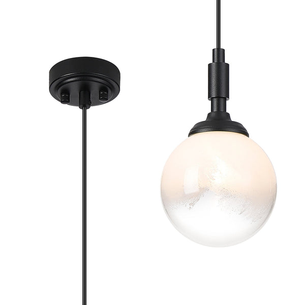 Loughton IP44 Single Drop Pendant in Satin Black with Two-Tone Snow Specks Round Glass White Diffuser