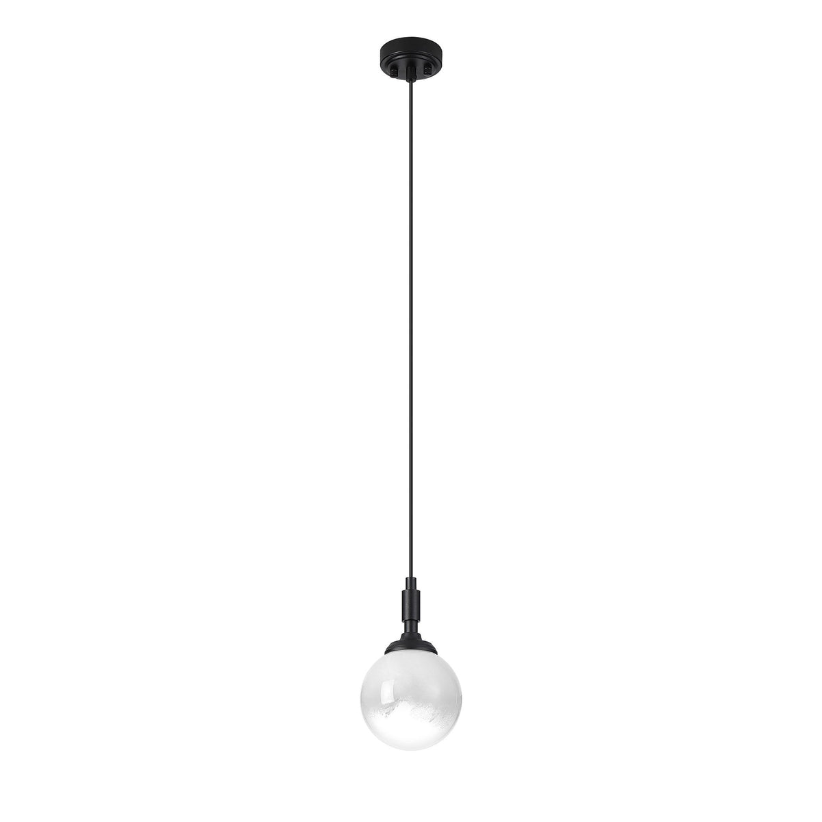 Loughton IP44 Single Drop Pendant in Satin Black with Two-Tone Snow Specks Round Glass White Diffuser