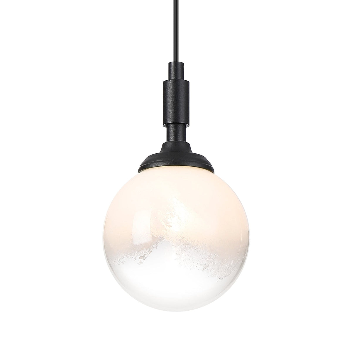 Loughton IP44 Single Drop Pendant in Satin Black with Two-Tone Snow Specks Round Glass White Diffuser