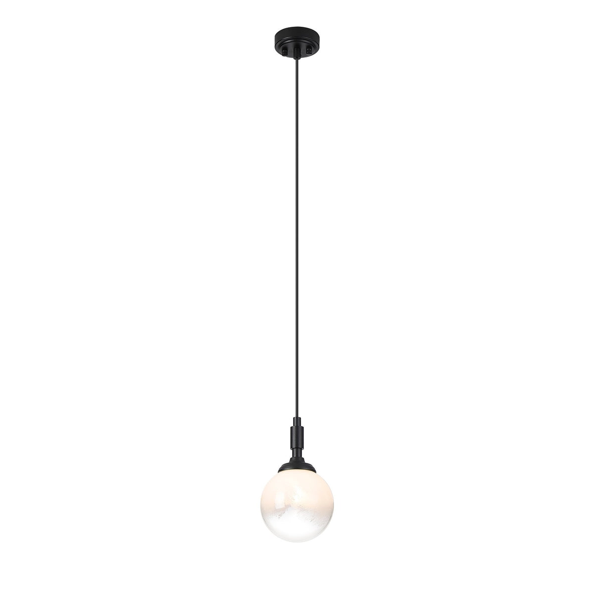 Loughton IP44 Single Drop Pendant in Satin Black with Two-Tone Snow Specks Round Glass White Diffuser