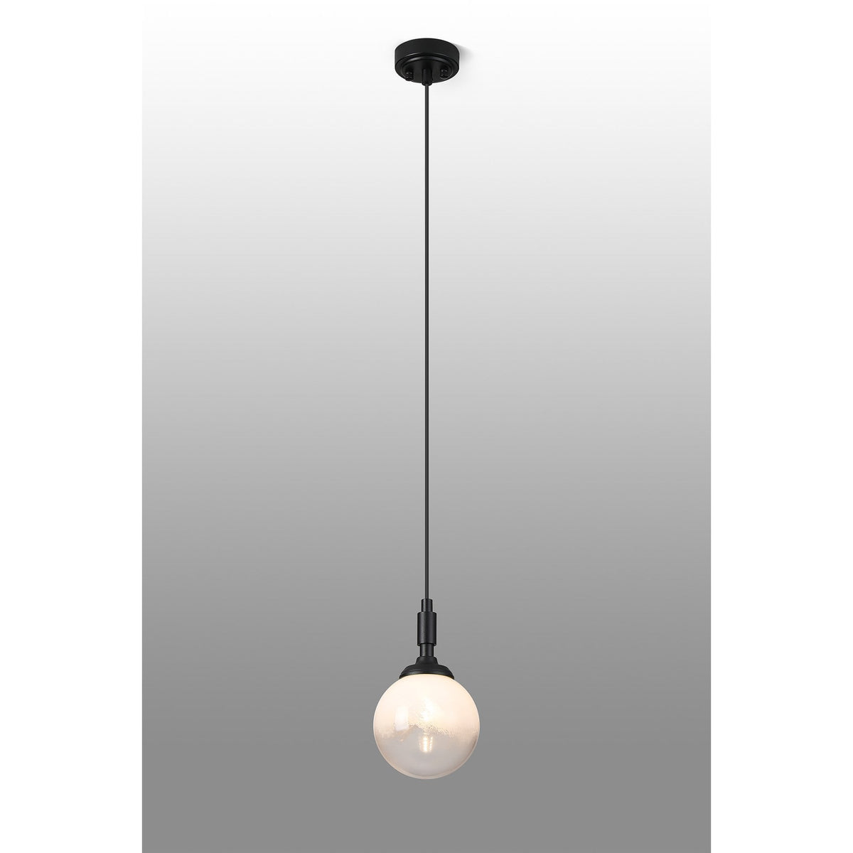 Loughton IP44 Single Drop Pendant in Satin Black with Two-Tone Snow Specks Round Glass White Diffuser