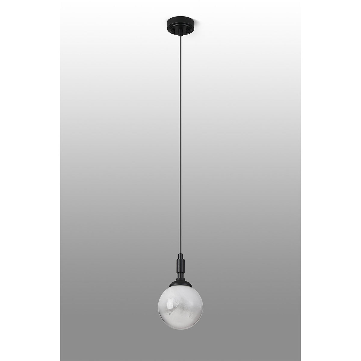 Loughton IP44 Single Drop Pendant in Satin Black with Two-Tone Snow Specks Round Glass White Diffuser
