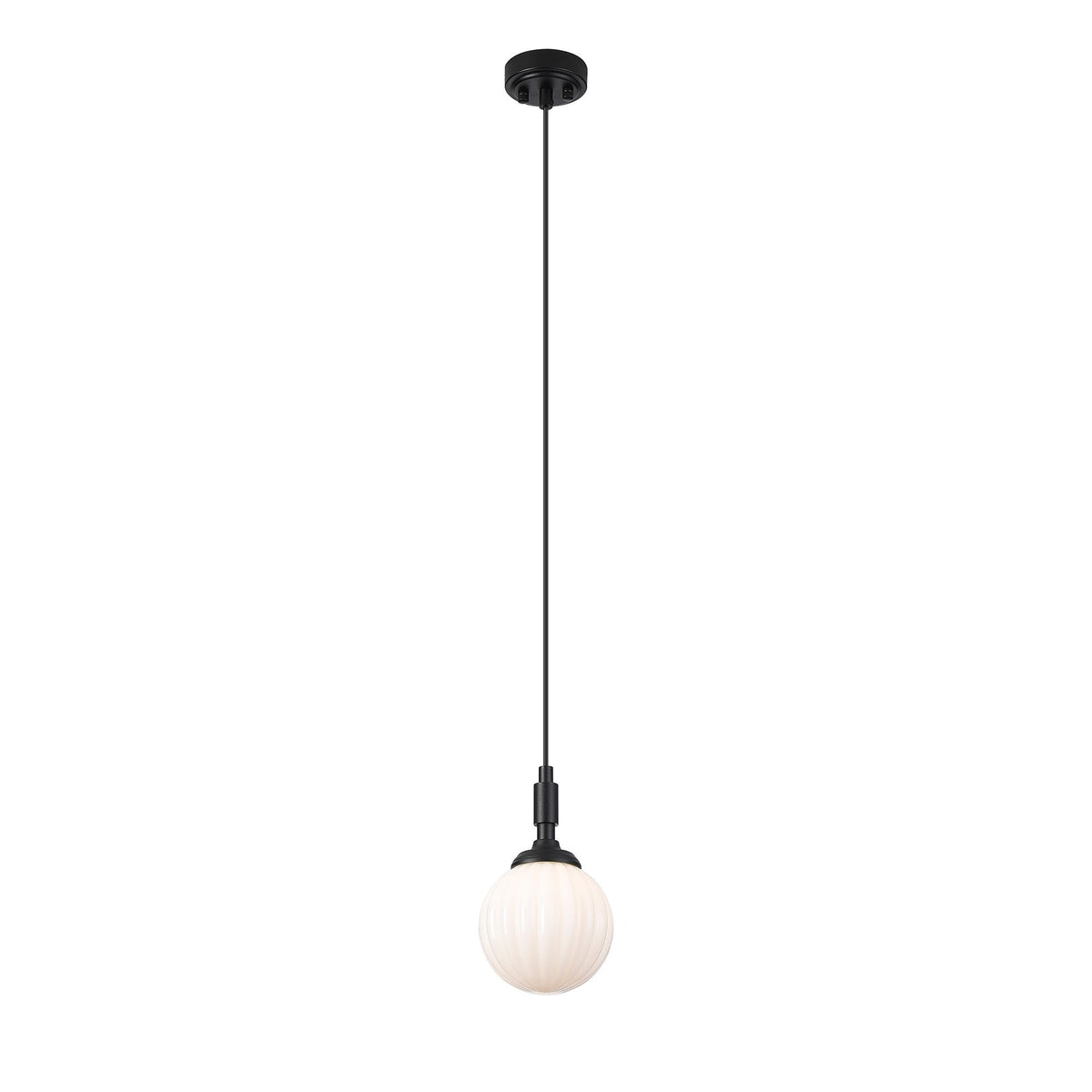 A full view of the black pendant light with a white fluted globe shade on a white background.