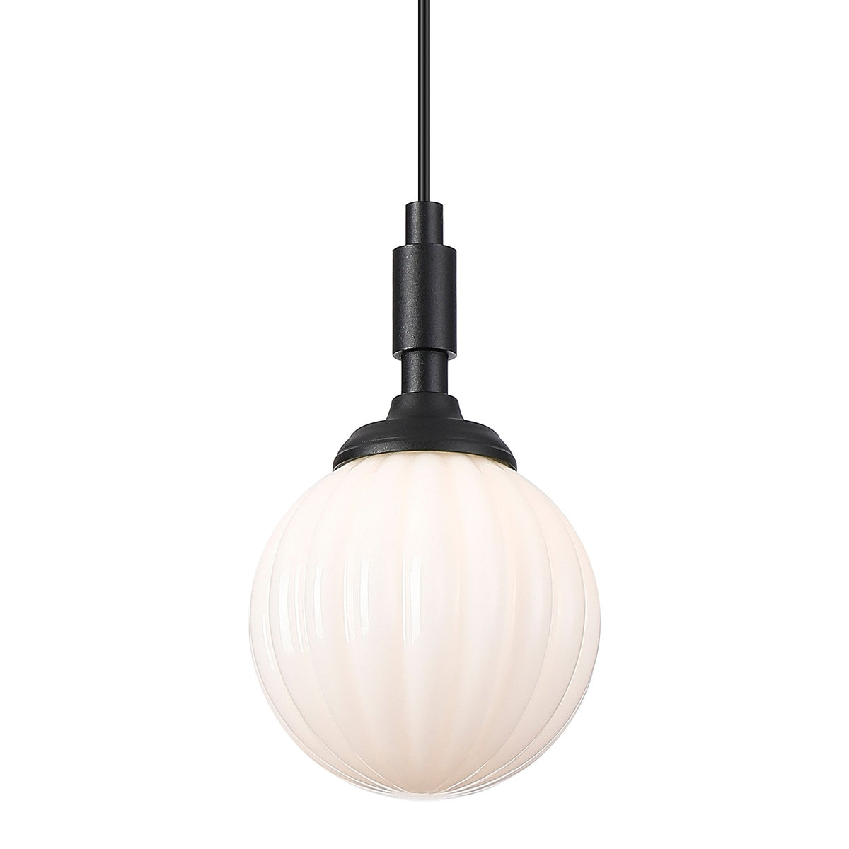 A close-up of the white fluted globe shade and black fixture of the pendant light.