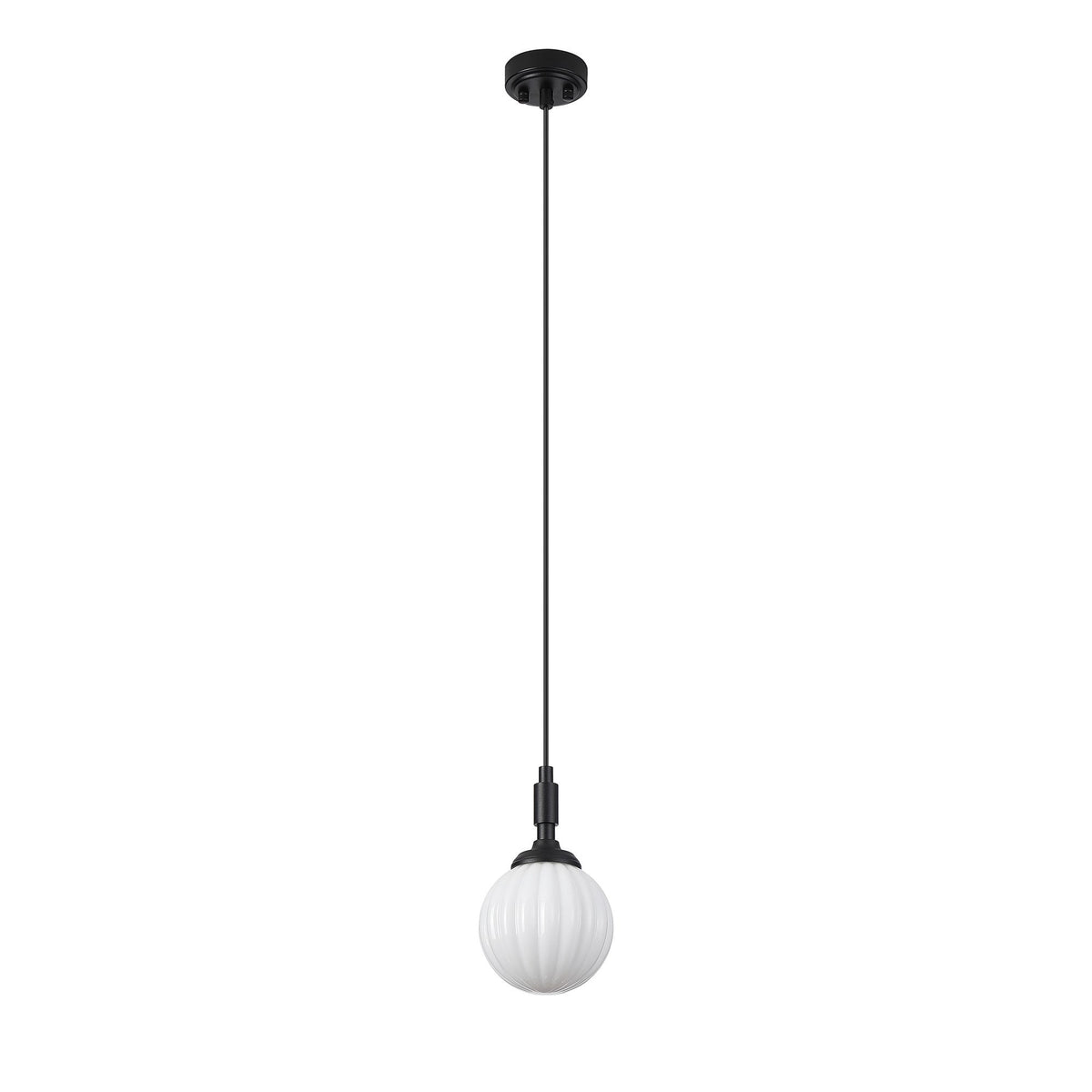 A full view of the black pendant light with a white fluted globe shade on a white background.