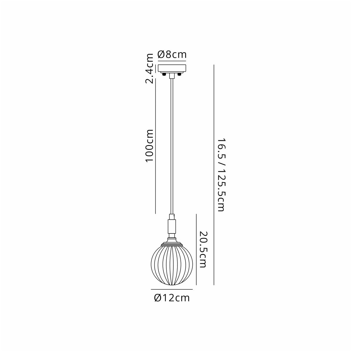A technical drawing detailing the dimensions of the pendant light with a fluted globe.