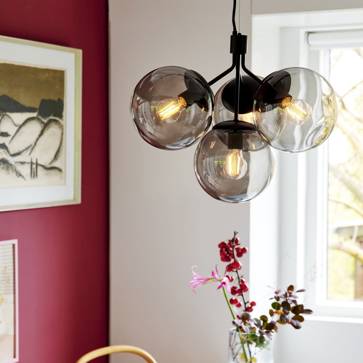 Ivona 4 Light Pendant In Black with Smoked Glass Shades